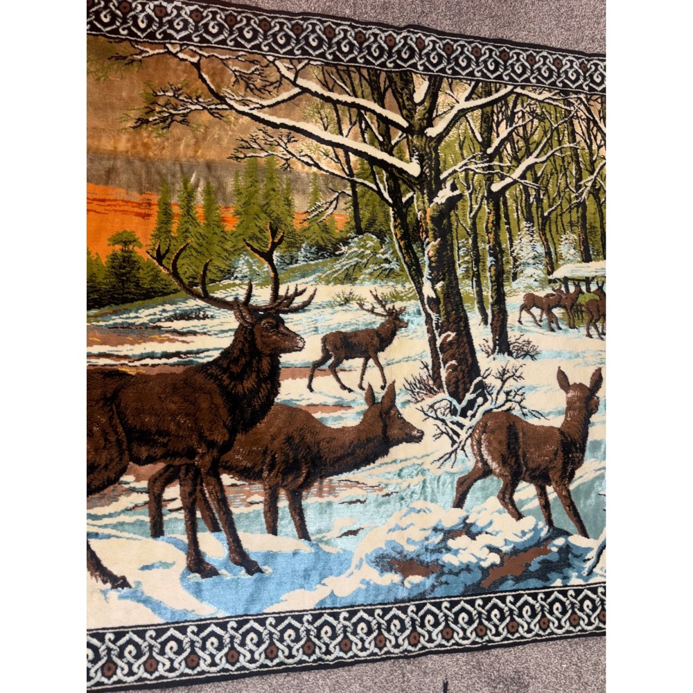 Vtg Velvet Deer Forest Winter Scene Wall Tapestry Hanging XL 75x50 Rustic Cabin - Picture 8 of 9